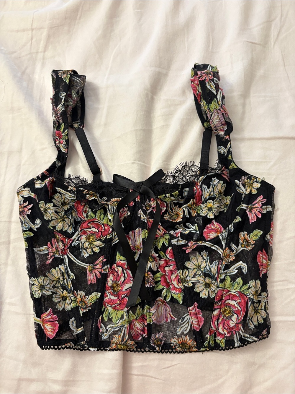 Victoria Secret Foral Lace-Trim Bustier Crop Top - Black/Pink 32B